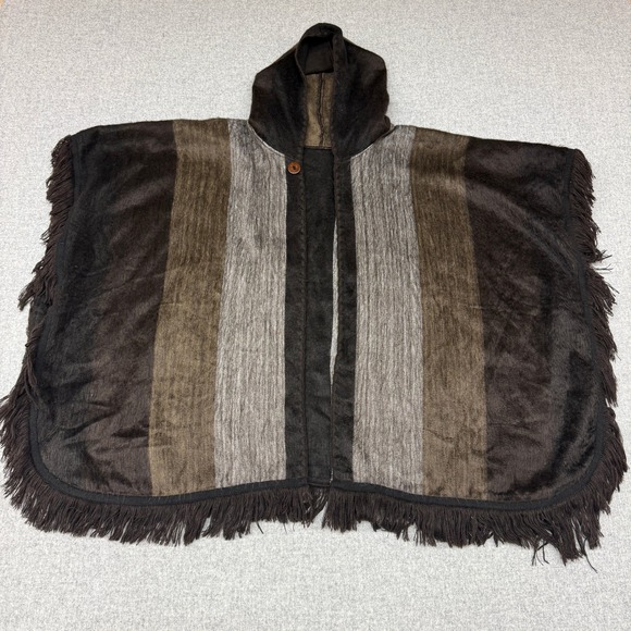 Accessories - Unbranded Hooded Poncho One Size Brown Striped Fringe Button Wrap Bohemian Soft